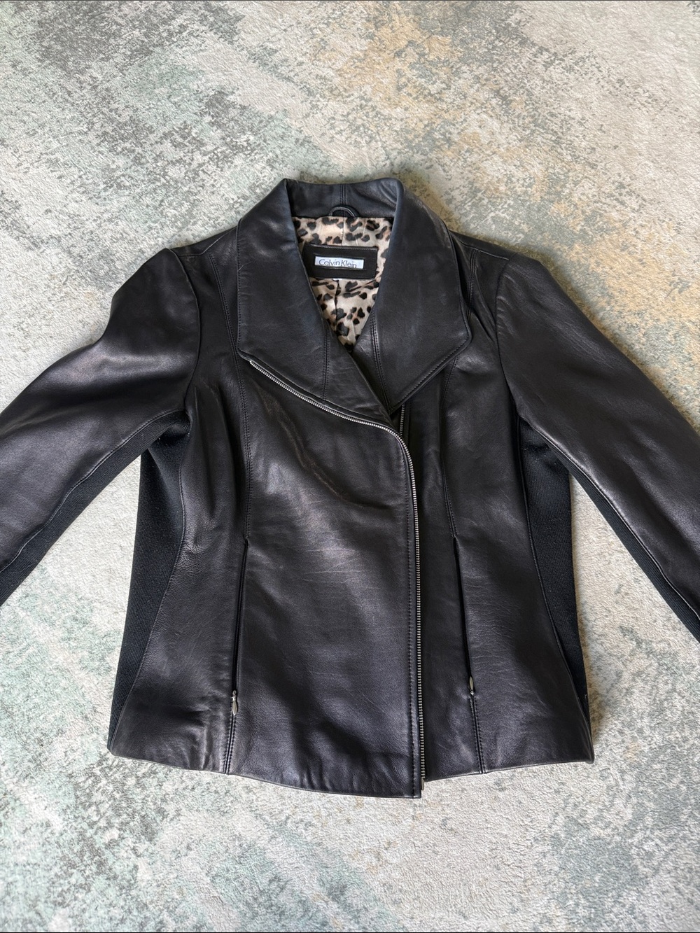 Calvin Klein Black Leather Motorcycle Jacket with Leopard Lining, Size M
